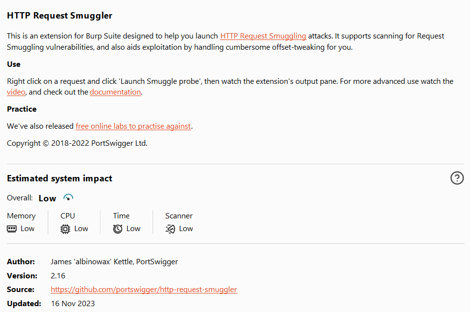 Burp Suite HTTP Request Smuggling module used for vulnerability scanning and testing tools.